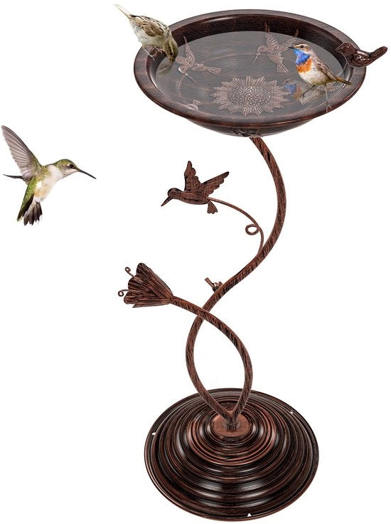 Piscina per uccelli da esterno per giardino, vasca per uccelli indipendente, vasca metallica per uccelli con beccuccio, stazione alimentatrice in ghisa per uccelli per decorazione di giardino (vintage rame)