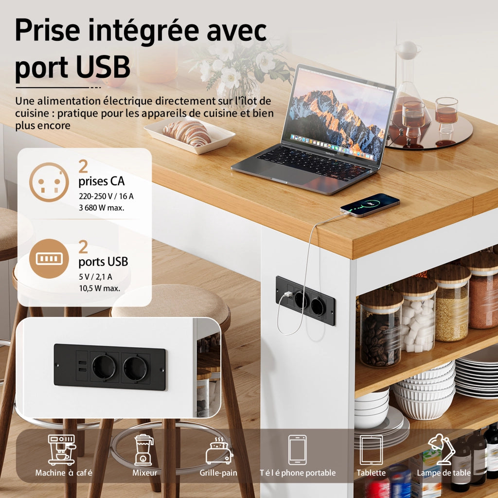 Carrello da cucina con 3 ripiani aperti; LED; prese e porte USB; per cucina e sala da pranzo; 155 × 80 × 90 cm
