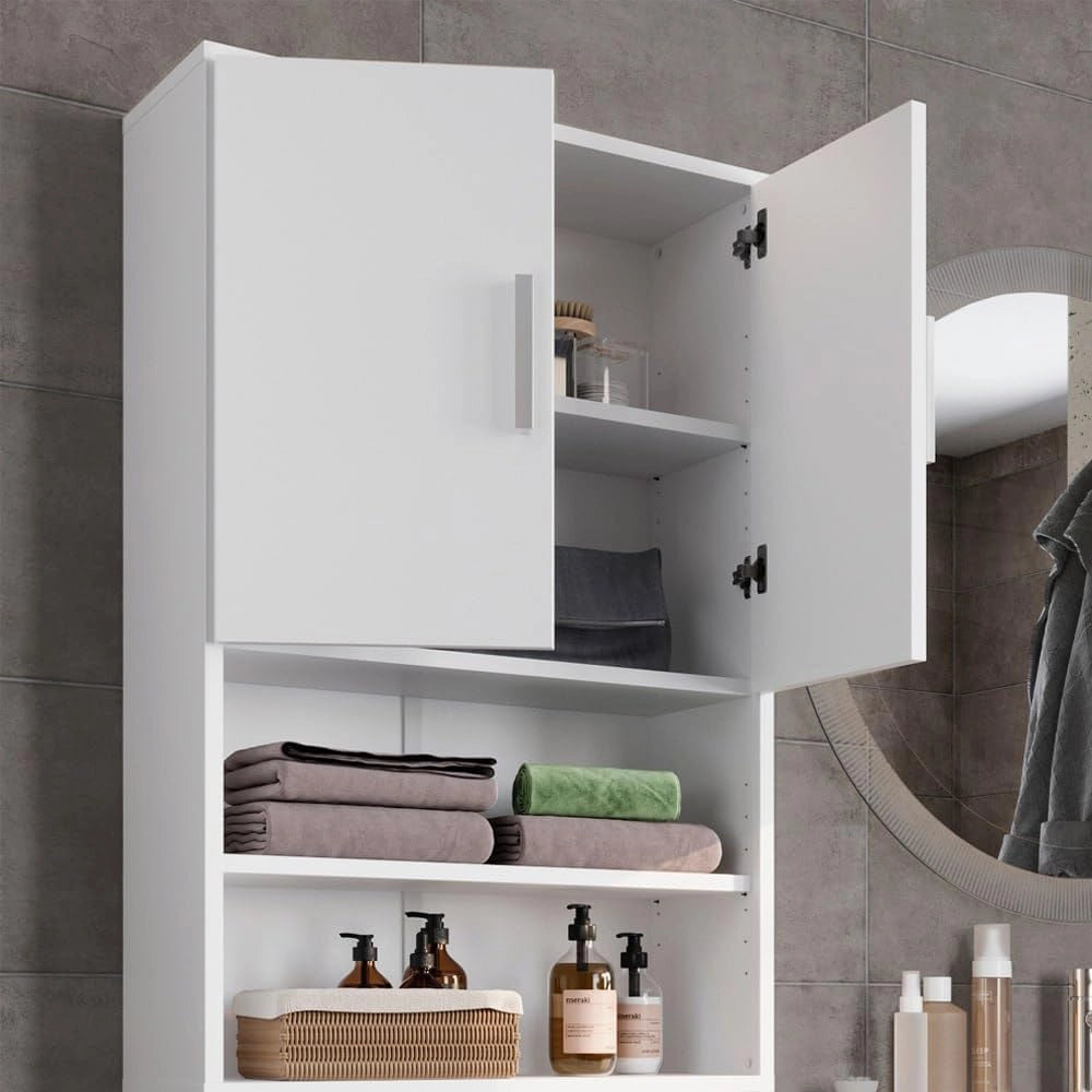 Armadietto per toilette, Bianco, 64 x 190 cm con 2 porte, per riporre articoli da bagno sopra il WC