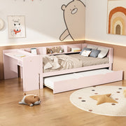 Letto basso con letto estraibile; scrivania e 3 ripiani laterali; legno di pino e MDF; rosa; 90x200 cm