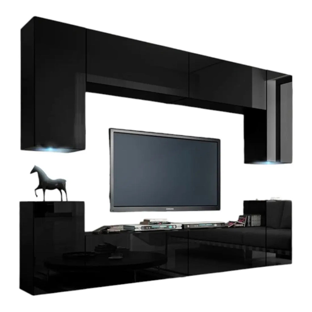 Set di mobili da soggiorno neri sospesi collezione CEPTO I 240cm, 8 porte, 6 scaffali, led