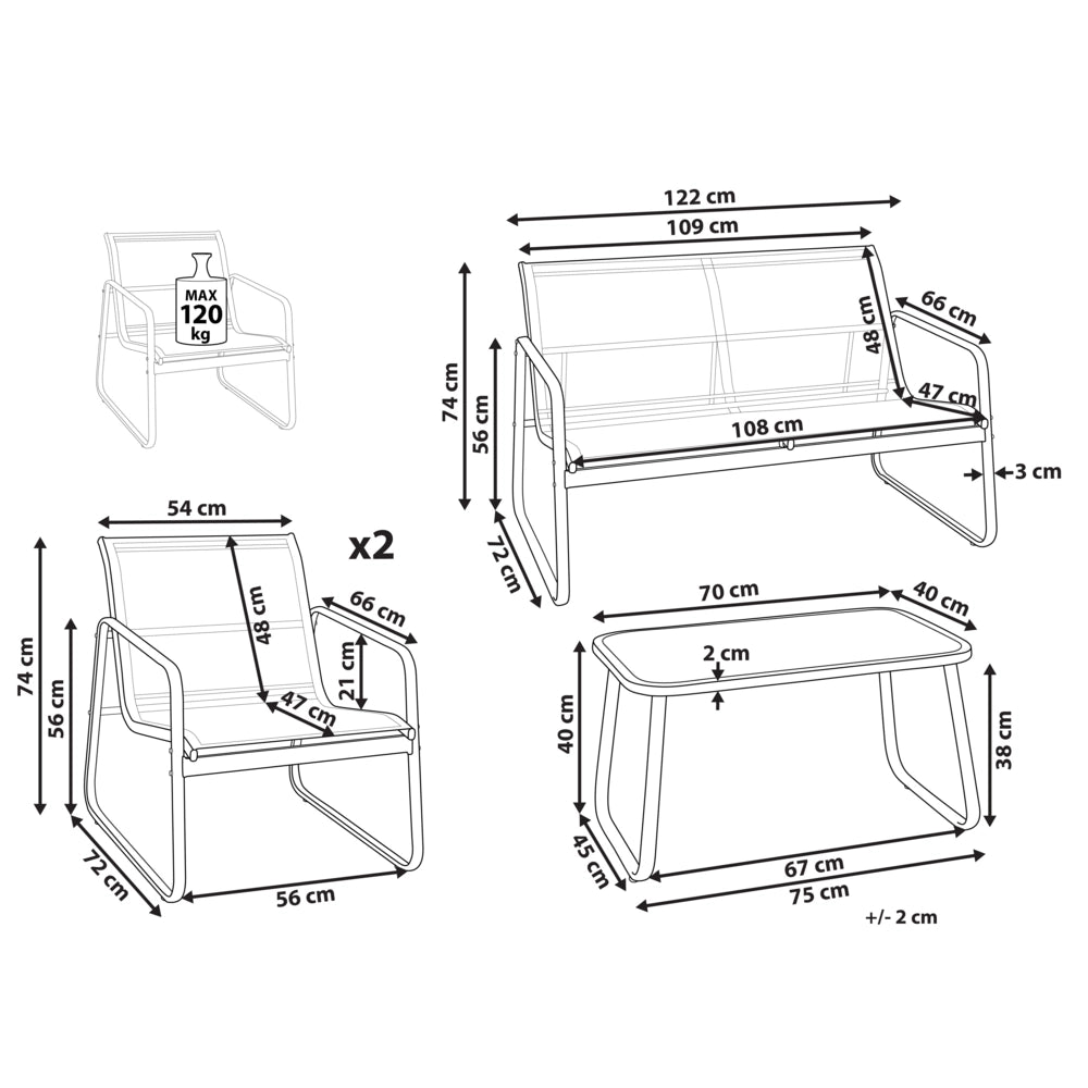 Set di divani da giardino in metallo grigio 4 posti con tavolo stile moderno