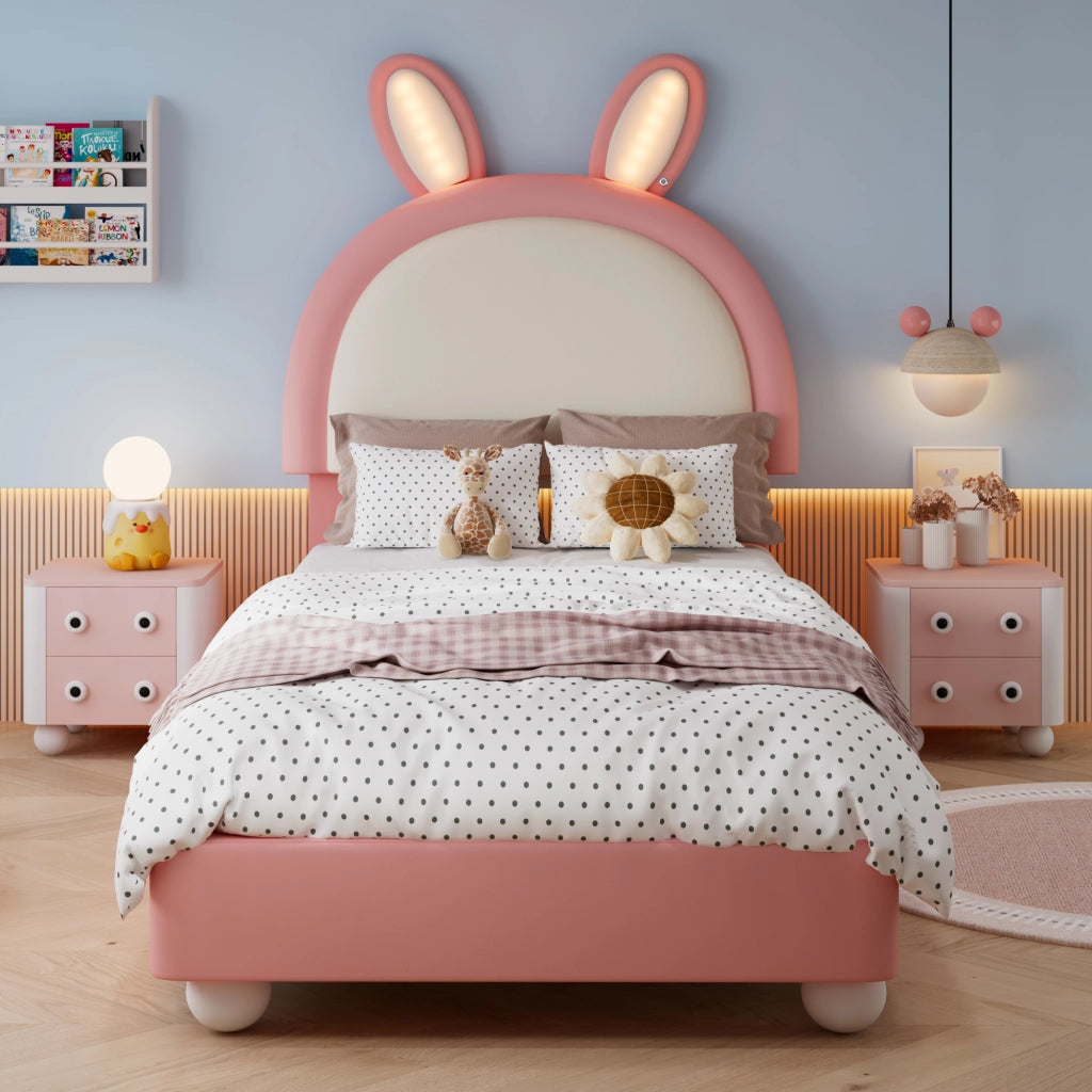 Letto per Bambini 90x200 cm; Testiera a Coniglio con LED e Bordo Paracolpi - Rosa