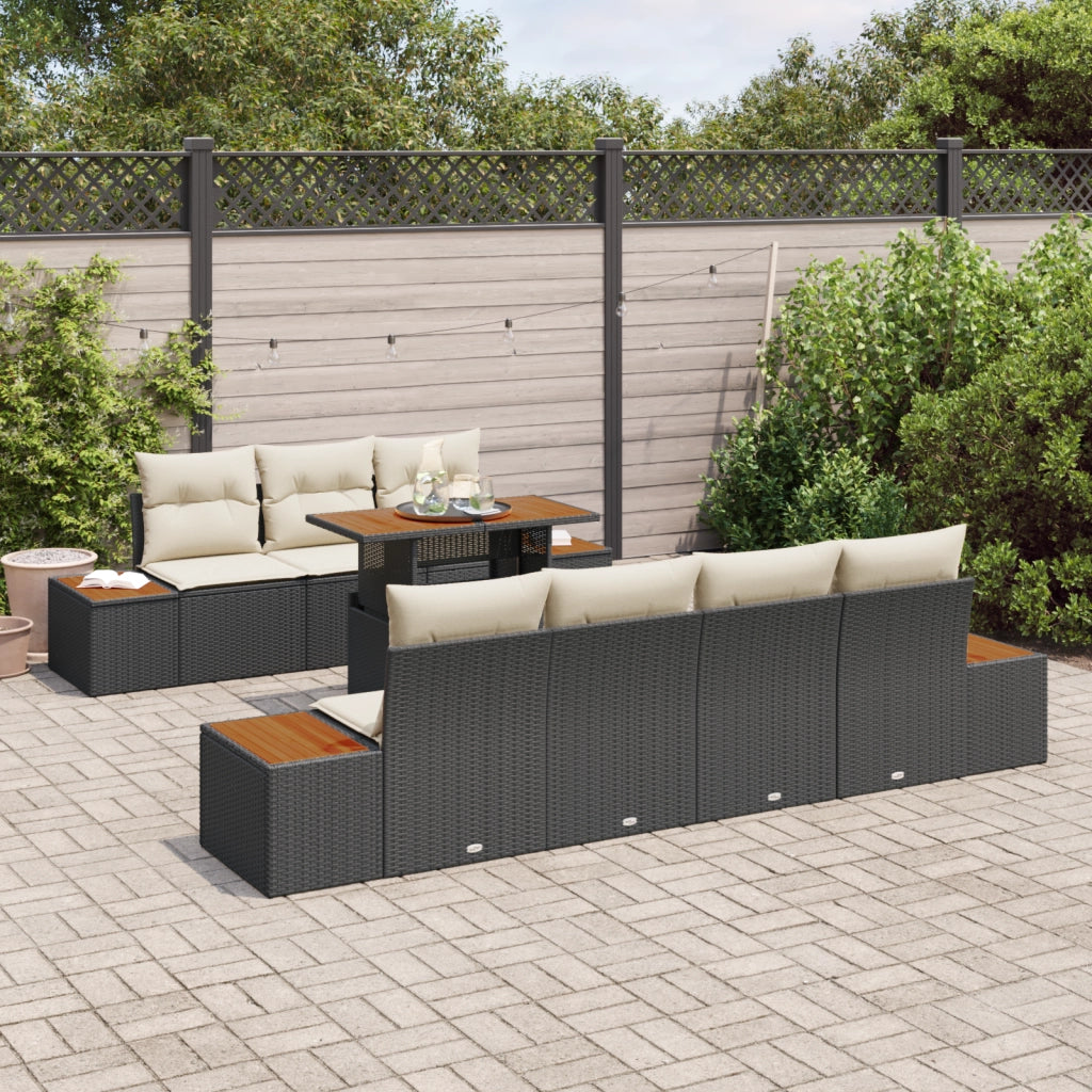 Set da pranzo da giardino in 8 pezzi con cuscini Nero Polyrattan Acacia