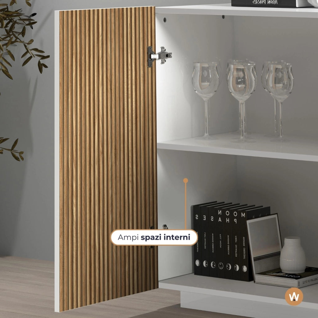 WHOUS Credenza Coste a 4 ante effetto cannetè bianco opaco e legno chiaro 200x43x86 cm