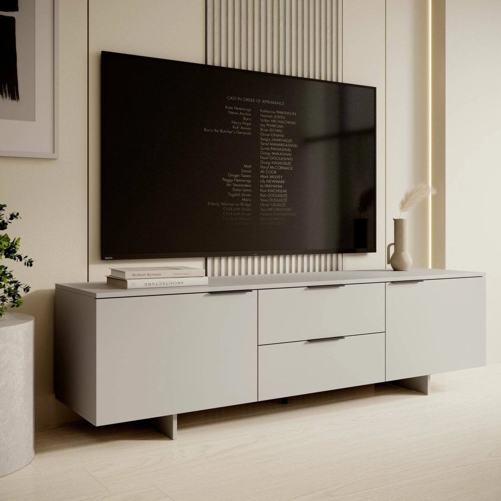 Mobile porta TV Cislago, Madia da salotto con due ante battenti e due cassetti, Rialzato da terra, 180x42 h55 cm, Beige