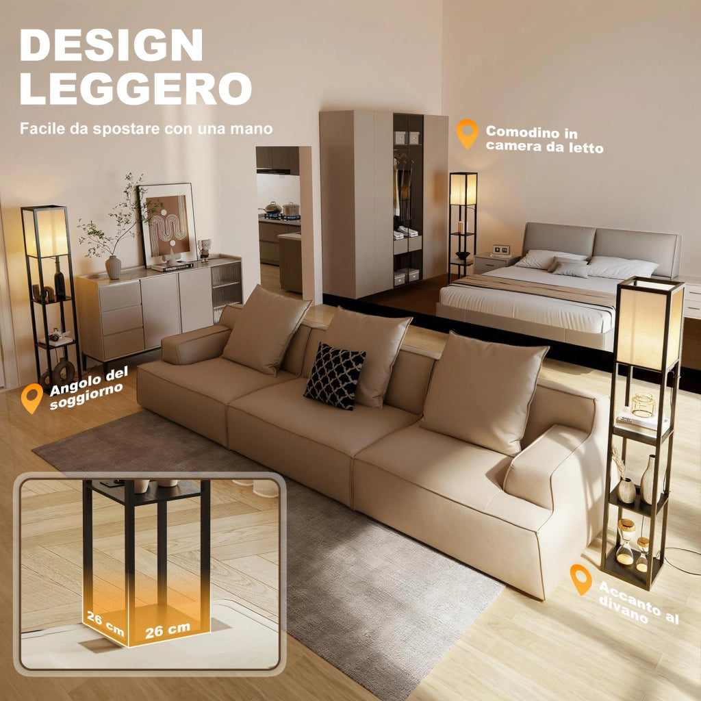 Lampada da Terra 26x26x160 cm Struttura con Ripiani Luce Regolabile Interruttore a Pedale e Porte USB in MDF Nero