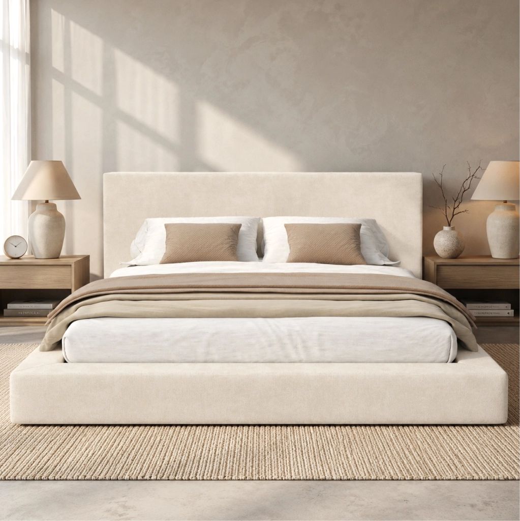 Letto matrimoniale imbottito 180x200 cm con rete a doghe e testiera in tessuto chenille beige