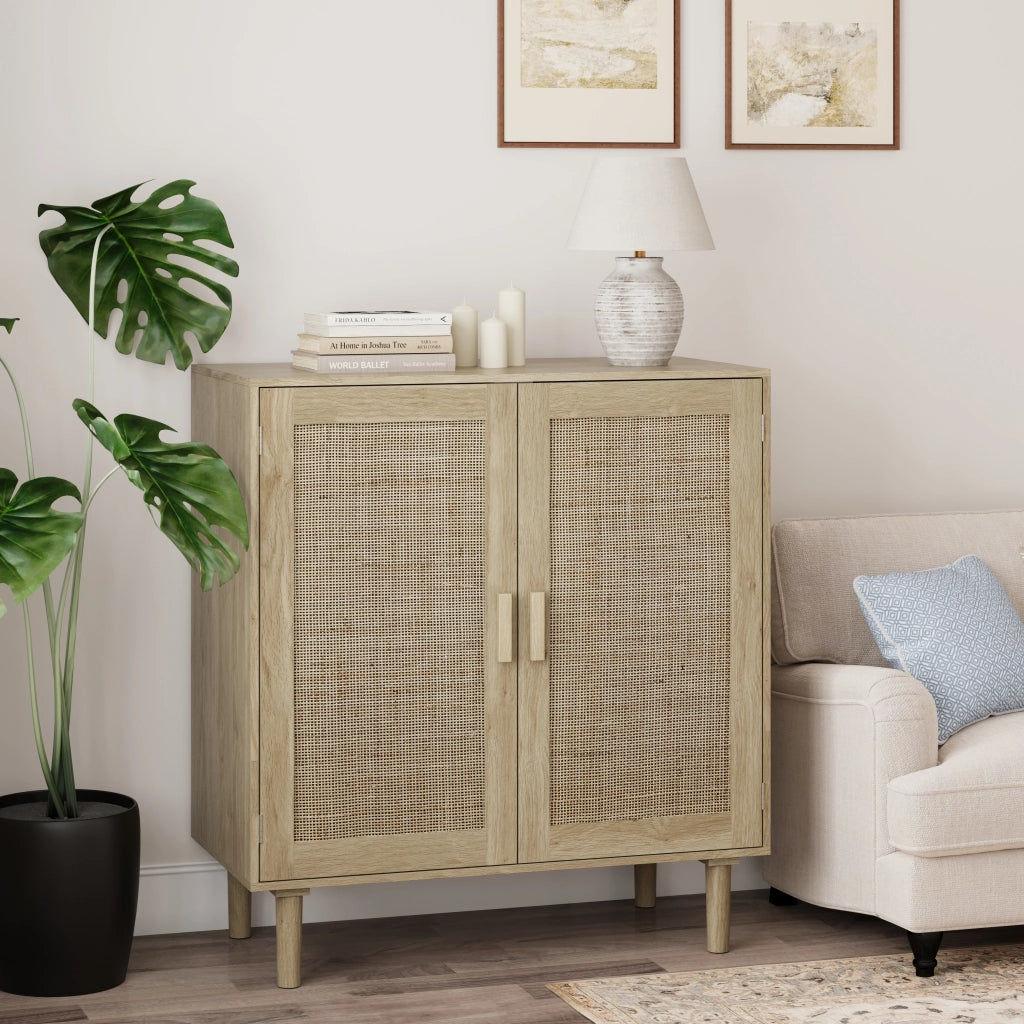 Credenza a 2 ante in rattan e MDF con maniglie in legno, per soggiorno e ingresso, naturale, 80 × 40 × 88 cm