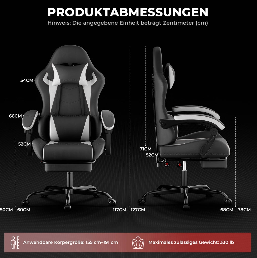 Sedia da gaming ergonomica con poggiatesta e supporto lombare; reclinabile; nero bianco
