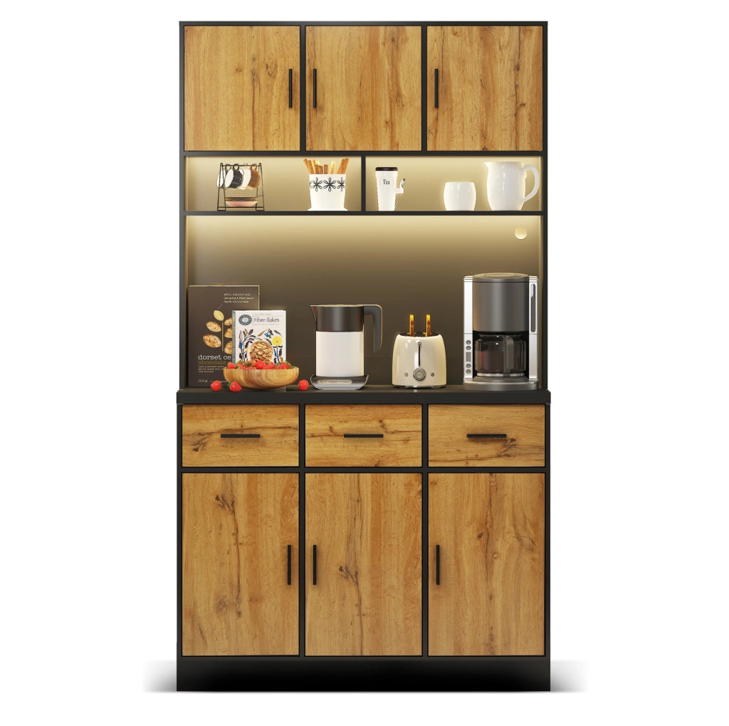 Credenza cucina moderna 100 x 40 x 180 cm in PB e MDF; nera e naturale; con LED e prese USB
