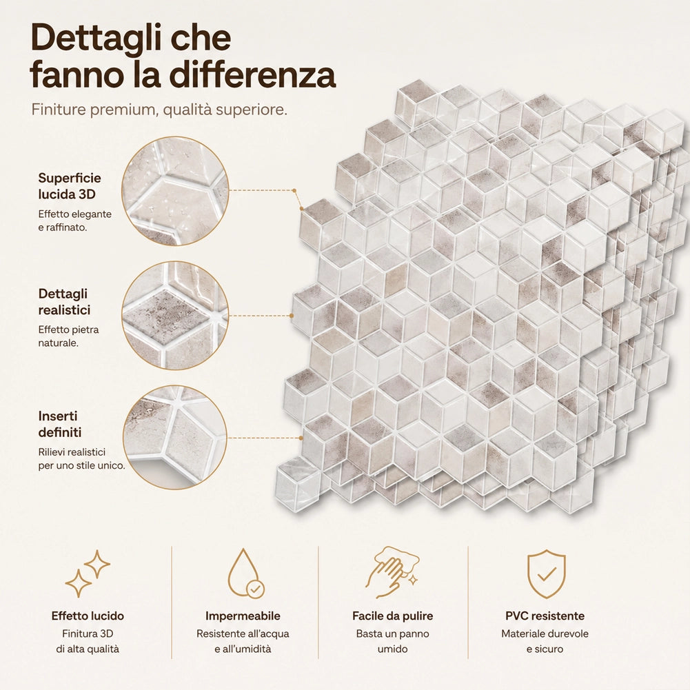 Set 10 Pannelli Adesivi Piastrelle da Parete 30,5 cm Decoro Geometrica in PVC Beige