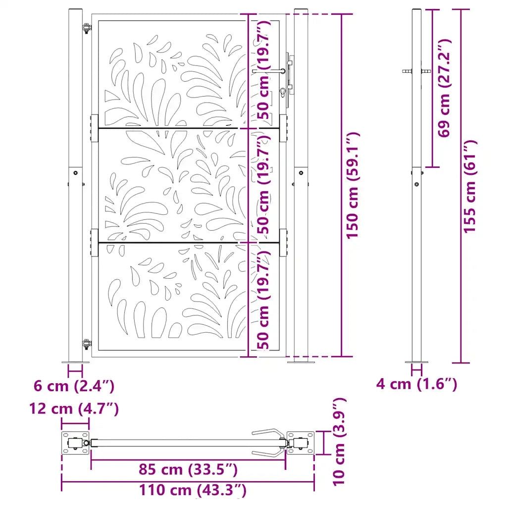 Cancello da giardino nero 100x150 cm in acciaio design ondulato 4100971
