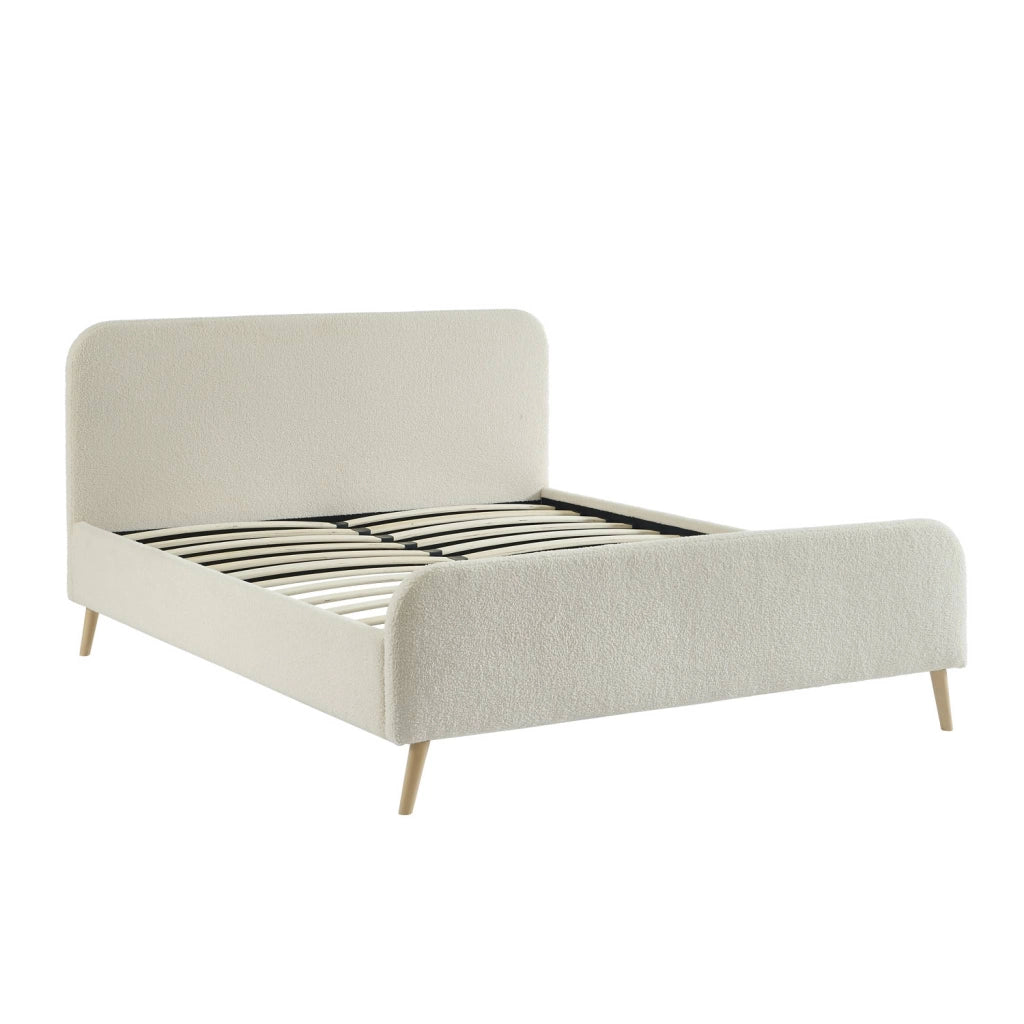 Letto con rete e testiera imbottita bouclé, 160x200cm, crema