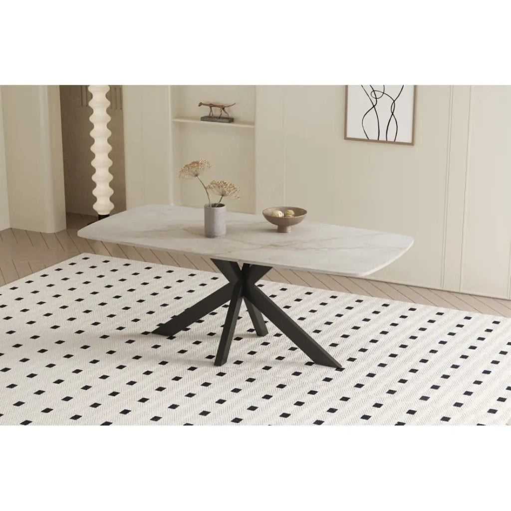 Tavolo da pranzo ARVENA – 180x90 cm – Colore beige marmo pietra – Piano effetto pietra – Design elegante e moderno