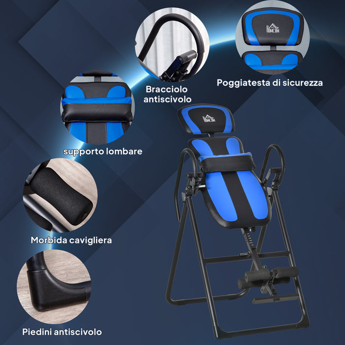 Panca a Inversione Gravitazionale Pieghevole con Lunghezza Regolabile da 140-203 cm e Ruote Nero e Blu