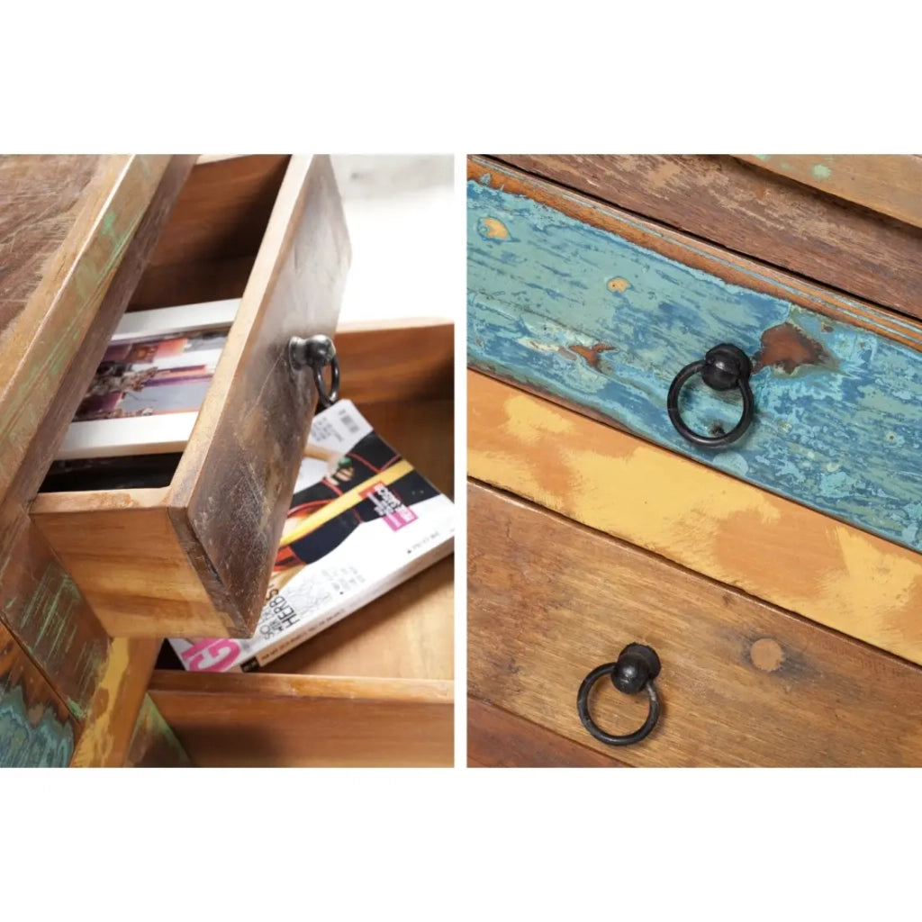 Tavolino basso PATCHWOOD quadrato 70 cm in legno riciclato multicolore con cassetti e baule