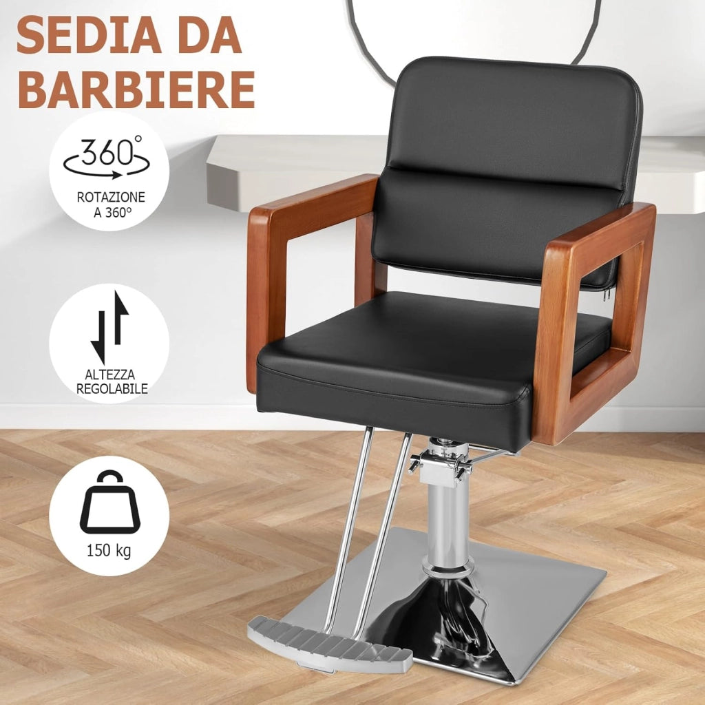 Poltrona da Barbiere, Sedia da Barbiere Girevole a 360°, Regolabile in Altezza, con Braccioli in Legno Massello, Portata 150 kg