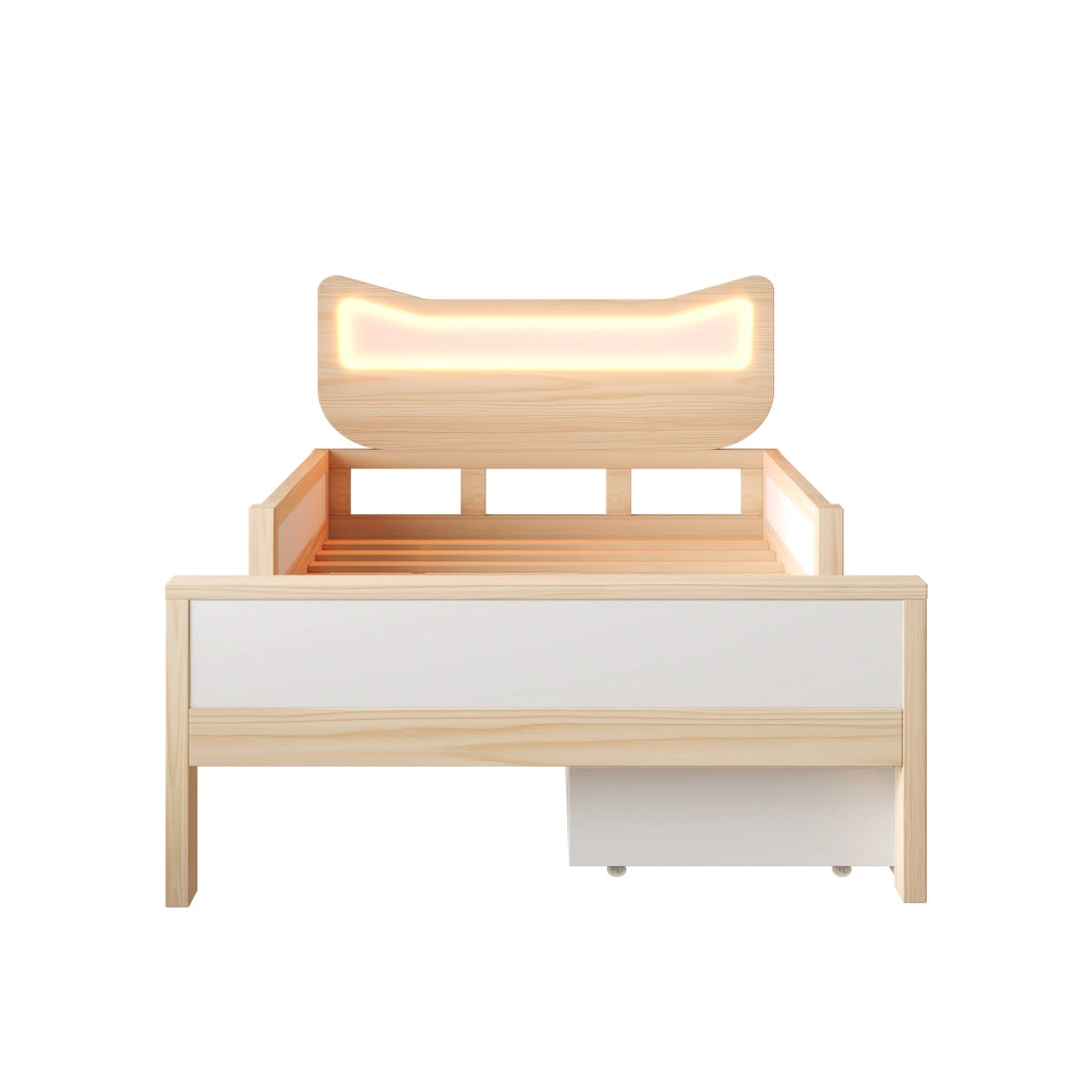 Letto singolo 90x190 cm con testiera a forma di gatto, LED RGB, rete a doghe, cassetto e vano contenitore, bianco e rovere