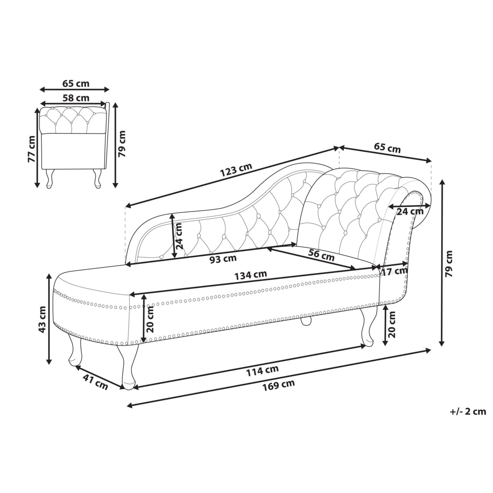 Chaise longue in velluto tortora versione destra Con Bottoni stile retrò
