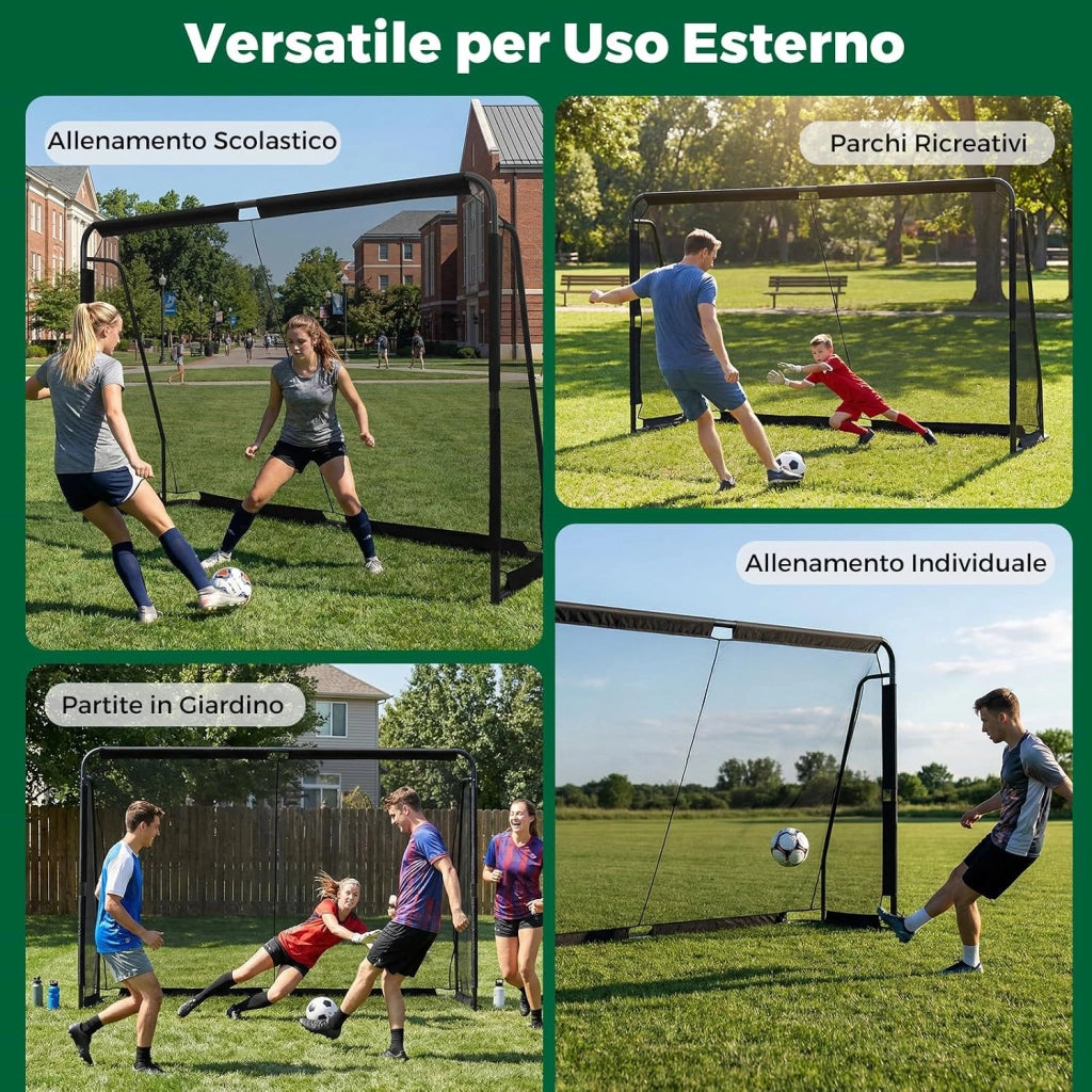 Porta da Calcio per Bambini e Adulti 3 x 2 m con Struttura in Metallo, Rete PE Impermeabile, 8 Picchetti, Sistema di Montaggio a Pulsante, Attrezzatura da Allenamento per Calcio all'Aperto
