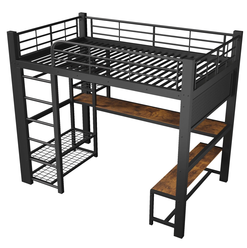 Letto a soppalco 140x200 cm in metallo con scrivania, LED e ripiani
