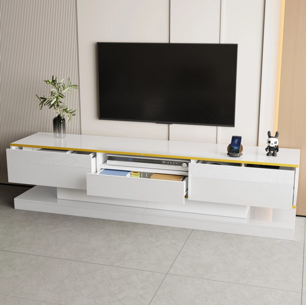 MOBILE TV 180x38x45 cm Bianco lucido con LED multicolore e 3 cassetti