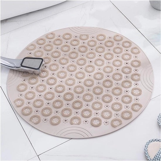 Matte antiscivolo rotonda 55 x 55 cm con ganci - Mat di gomma TPE per bagno - Lavabile in lavastoviglie (Kaki)