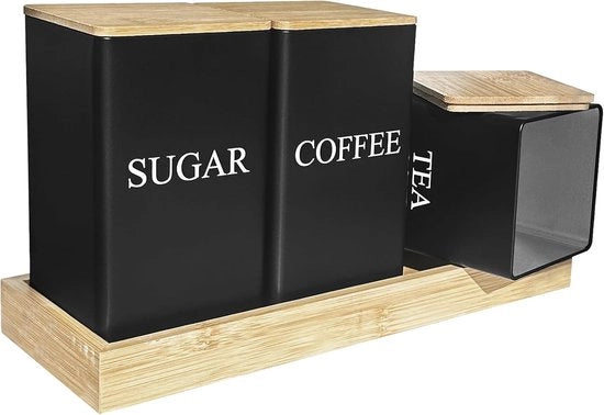 Set di 3 contenitori per zucchero e caffè - tè nero - caffè - zucchero - contenitore metallico per scorta con coperchio in bambù a tenuta d'aria e piatto da portata