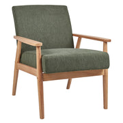 Poltrona da salotto con rivestimento in tessuto verde con struttura in legno stile retrò