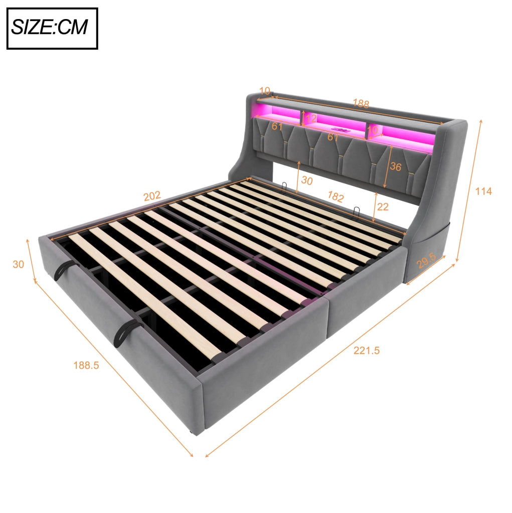 Letto contenitore imbottito 180x200 cm con LED, prese integrate e testiera con vano