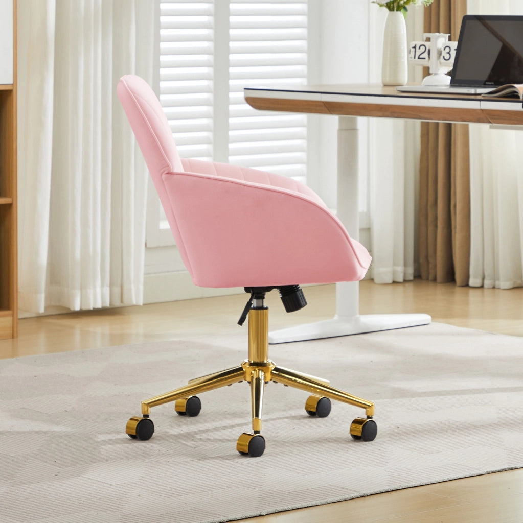 Sedia da ufficio girevole rosa in velluto con altezza regolabile e schienale ergonomico imbottito
