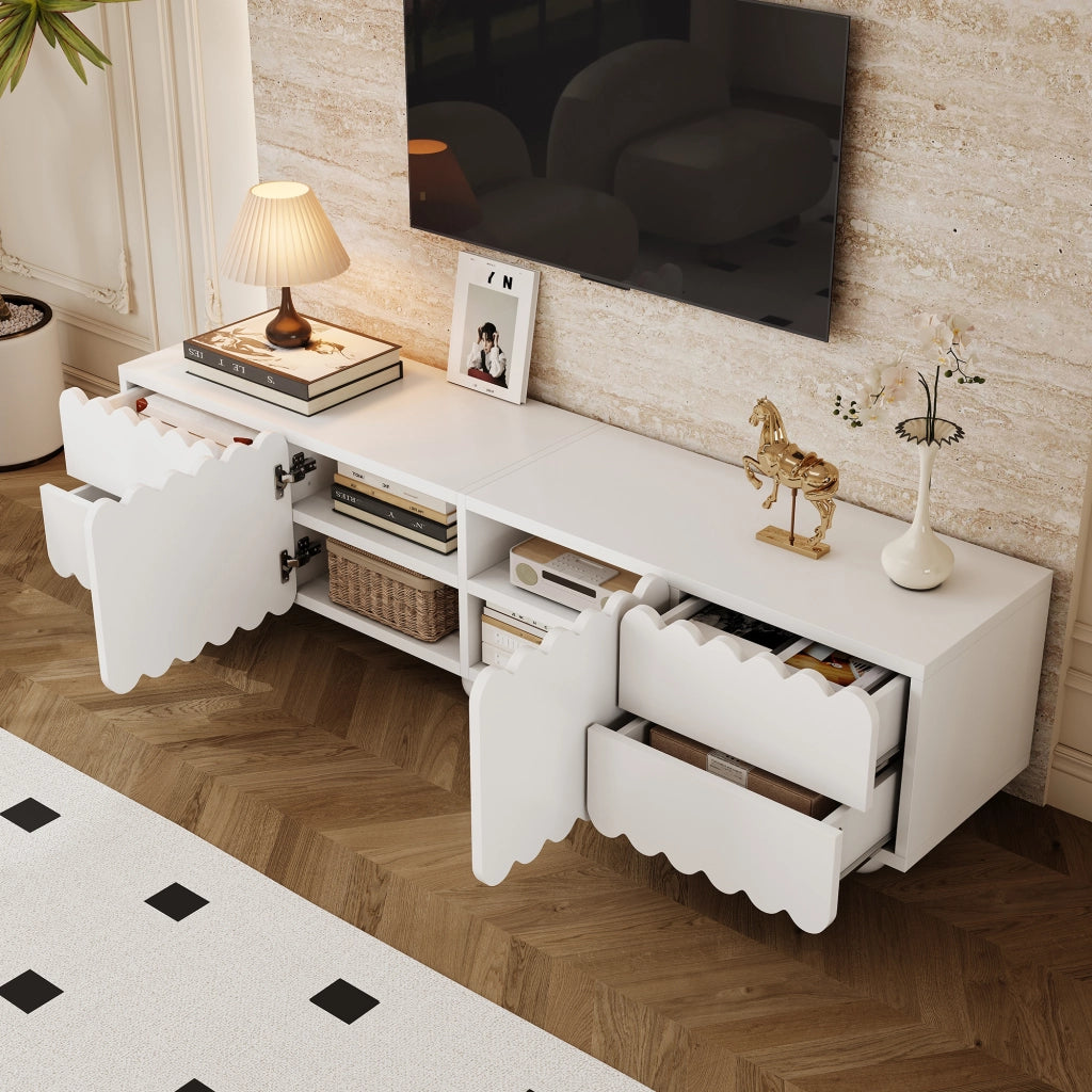Mobile TV con 2 Ante e 2 Cassetti; Bordi Arrotondati; Design Minimalista; Soggiorno; in MDF e Pannello Truciolare; Bianco; 175??38??37 cm