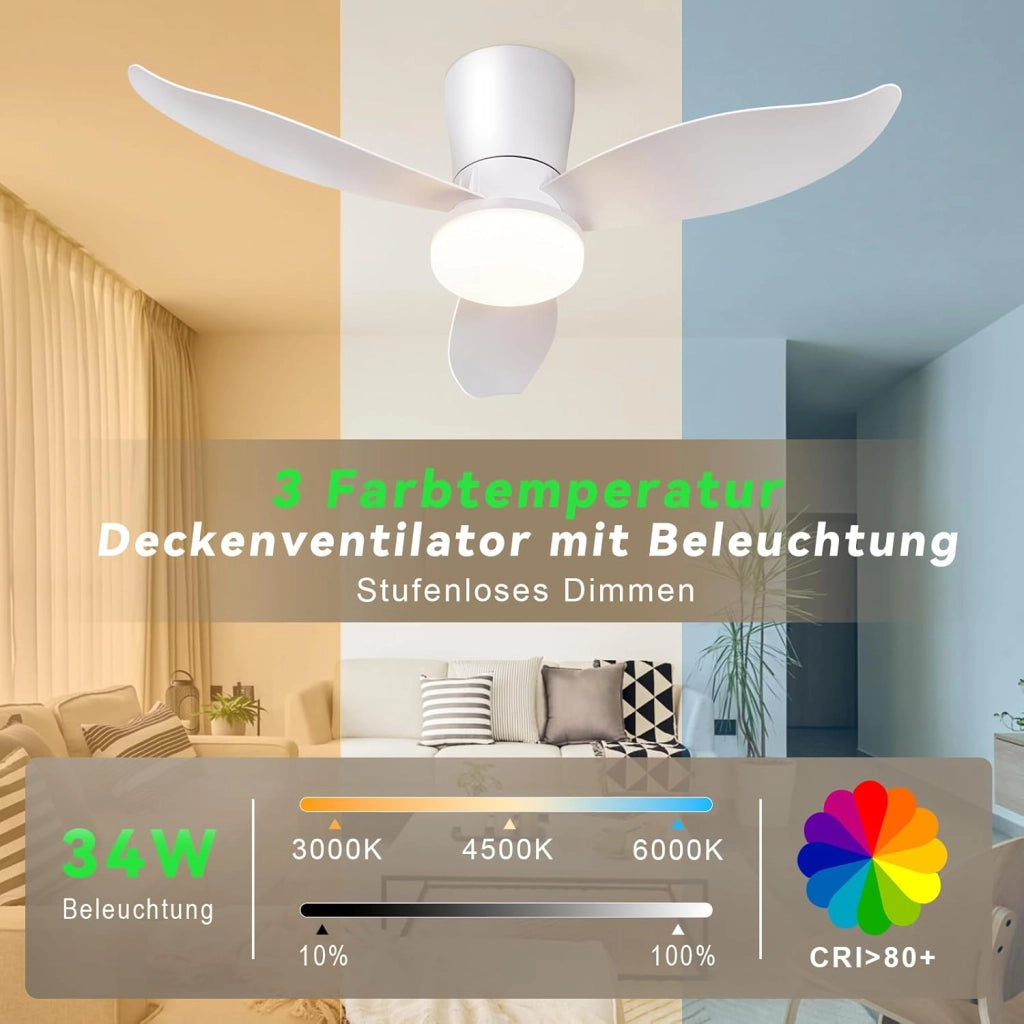ZMH Ventilatore da Soffitto con Luce 3 Pale Silenziose Bianche Luminosità Regolabile 6 Velocità per Camera da Letto