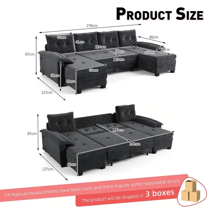 Divano Letto Angolare Modulare ¨C MINIMAL ¨C Grigio, con USB, Braccioli Rimovibili, 278 cm