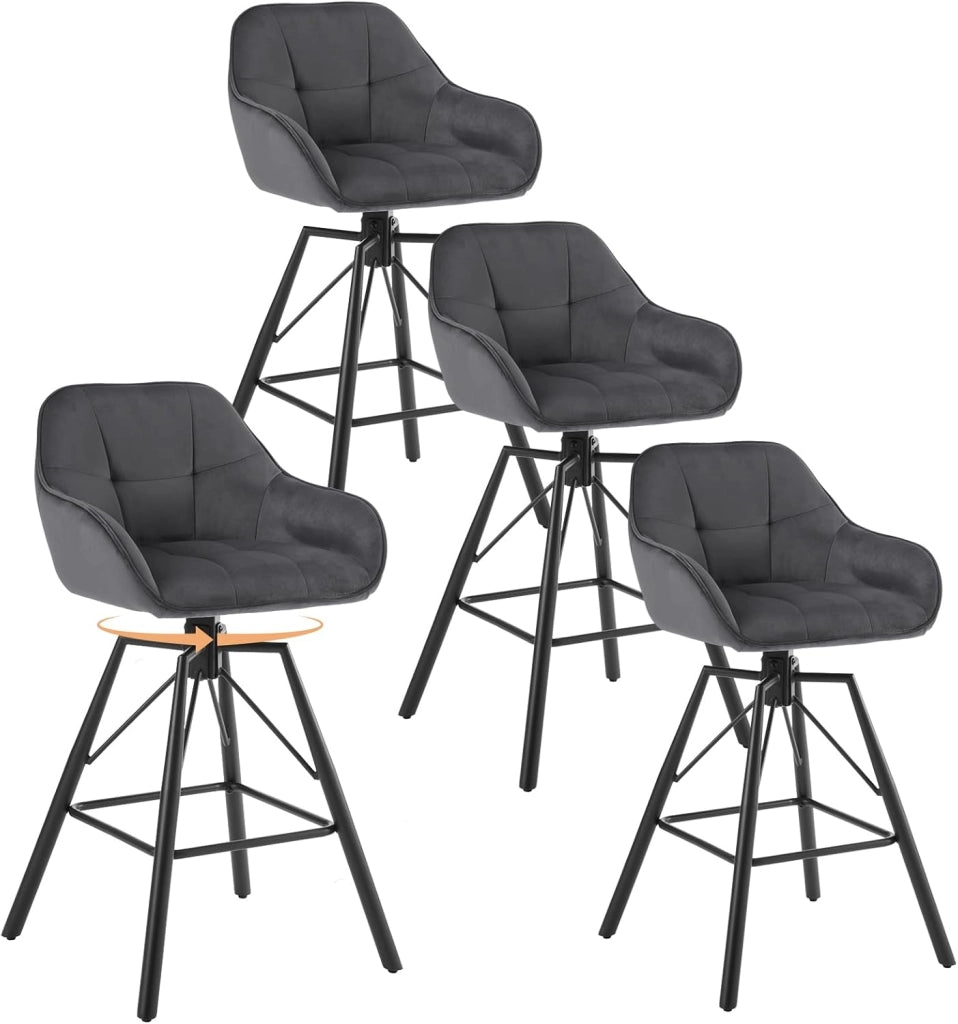 4 Pezzi Sgabello da Bar con Poggiapiedi, Sedia da Cucina con Sedile Girevole, Sgabello Alto con Schienale e Braccioli, Seduta in Velluto e Gambe in Metallo, Grigio Scuro, BH397dgr-4