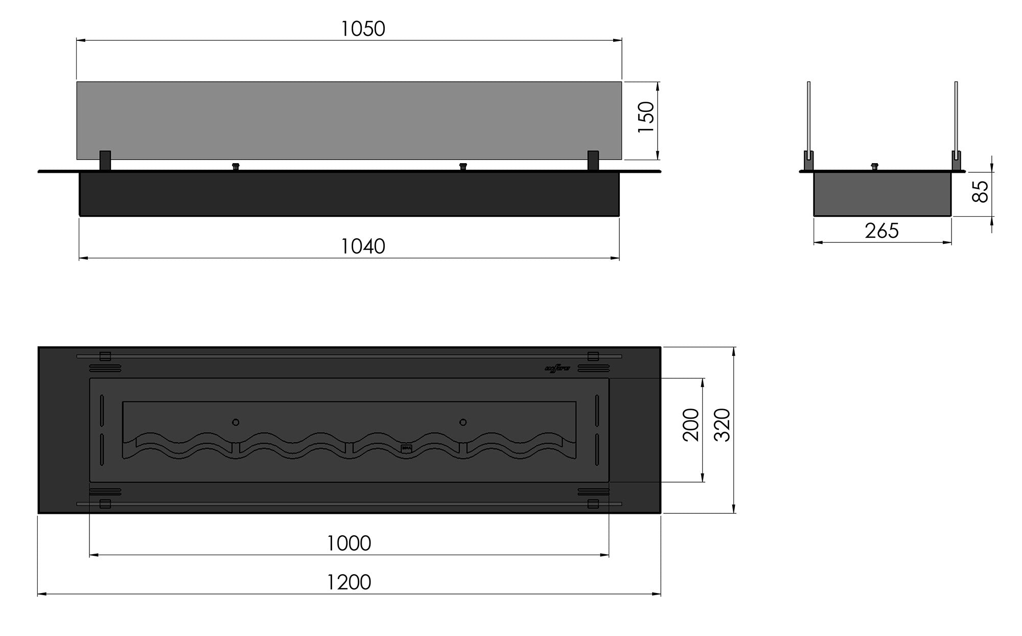 Bruciatore a Bioetanolo da Incasso 120x32x15 cm Insert Slim 1200 Nero con Vetro