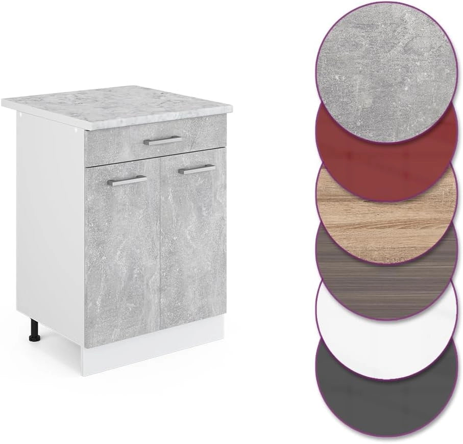 Mobiletto base per cucina R-Line, Calcestruzzo, 60 cm con cassetto PL Marmo, per la libera combinazione all'interno di sistemi cucina modulari