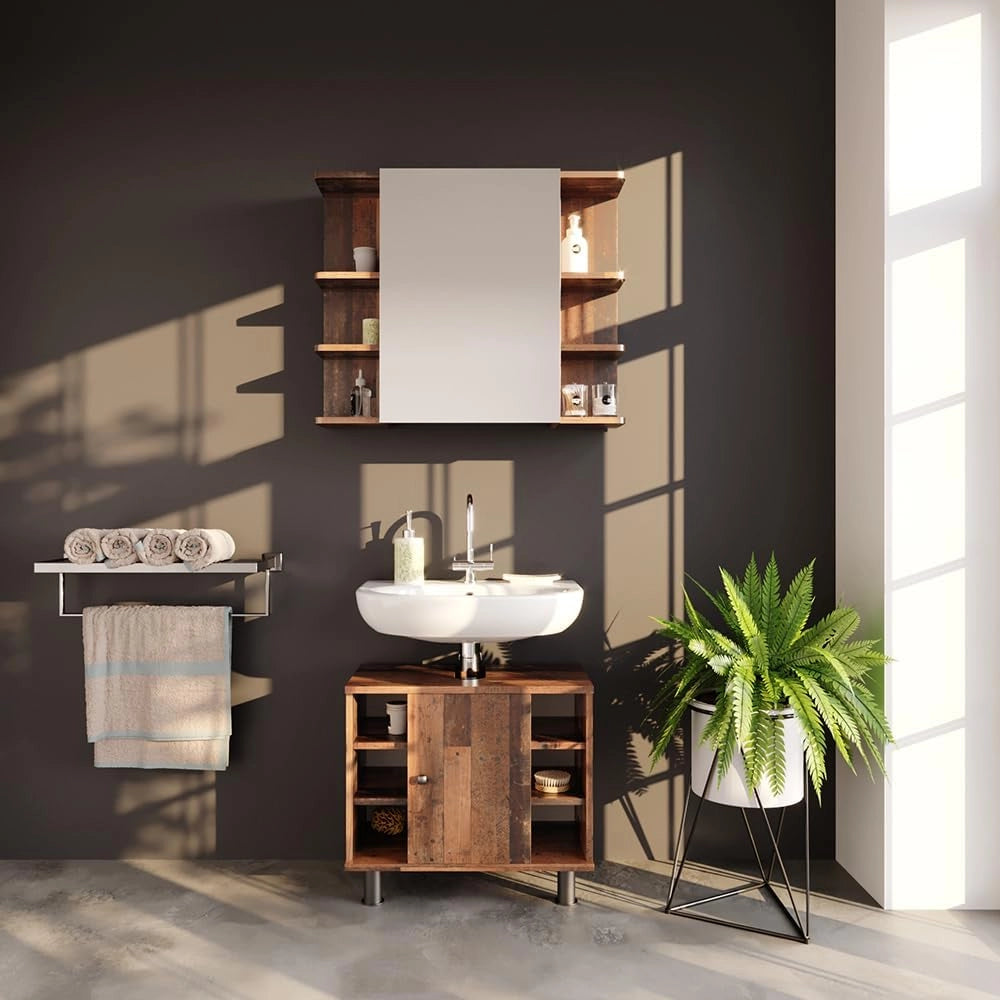Specchio contenitore bagno Fynn, Oldstyle, 79.6 x 64 cm, con specchio e ripiani aperti per montaggio a parete