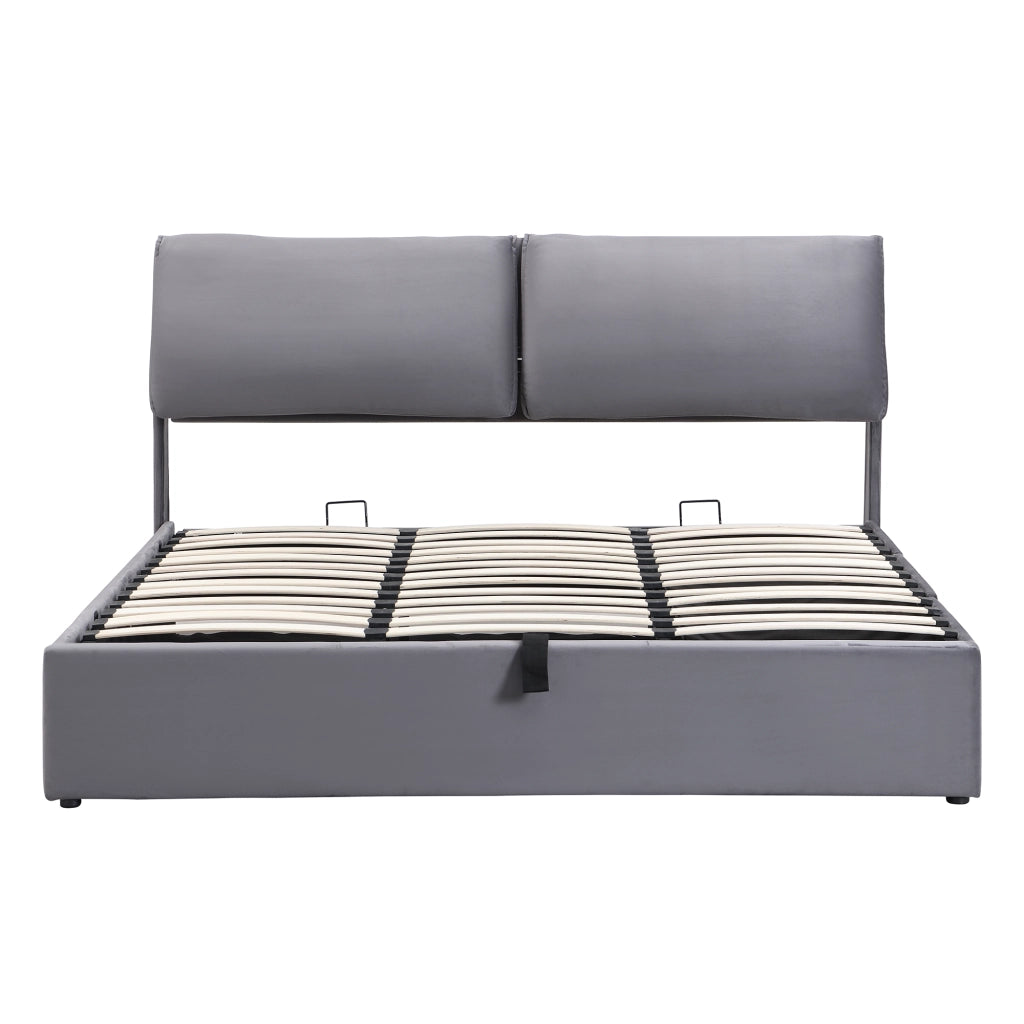 Letto imbottito 160x200 cm in velluto grigio con contenitore, 3 cassetti, testiera regolabile e rete a doghe