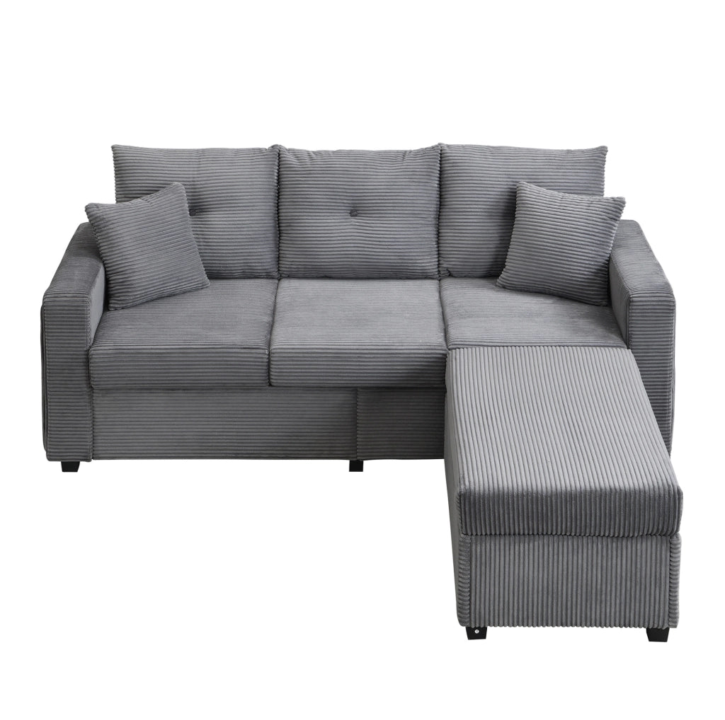 Divano modulare a L con illuminazione LED; ottomano multifunzione; in cord; grigio antico