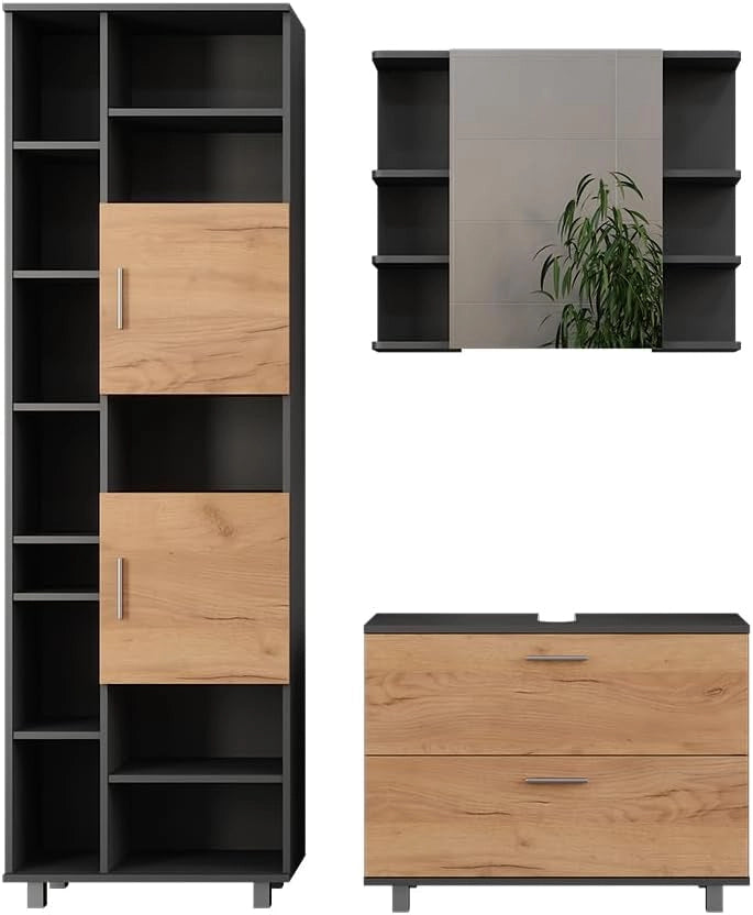 Set di mobili da bagno Ilias, Quercia dorata/antracite, 80.2 cm, composto da mobile sottolavabo, specchiera e colonna alta