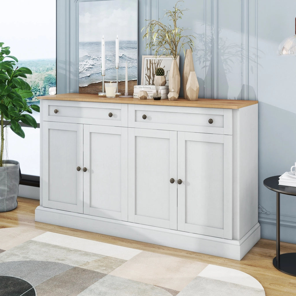 Madia 150x40x86 cm con 4 ante e 2 cassetti; bianco e colore naturale