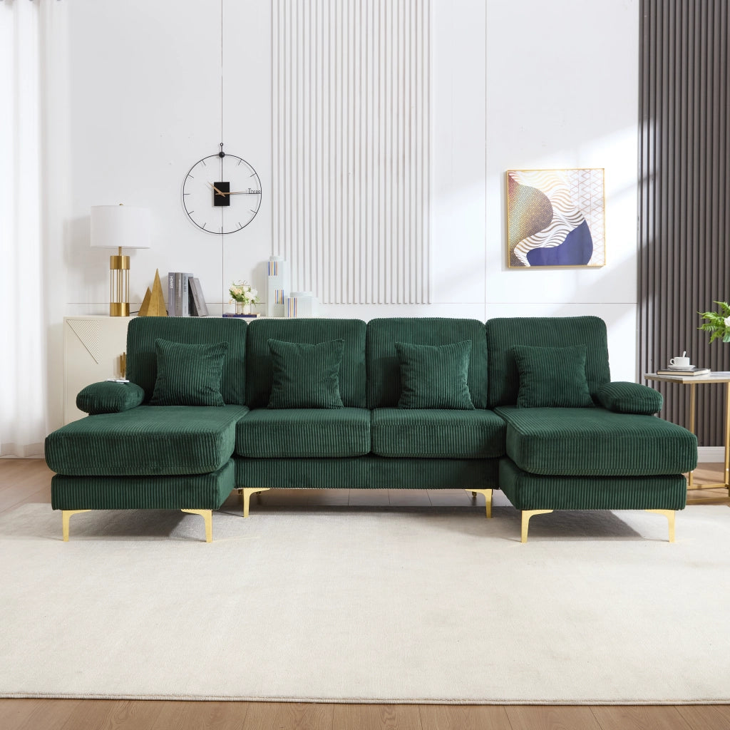 Divano U Angolare con LED e Porta USB-C ¨C MINIMAL ¨C Verde Scuro, Legno Massello, 4 Cuscini