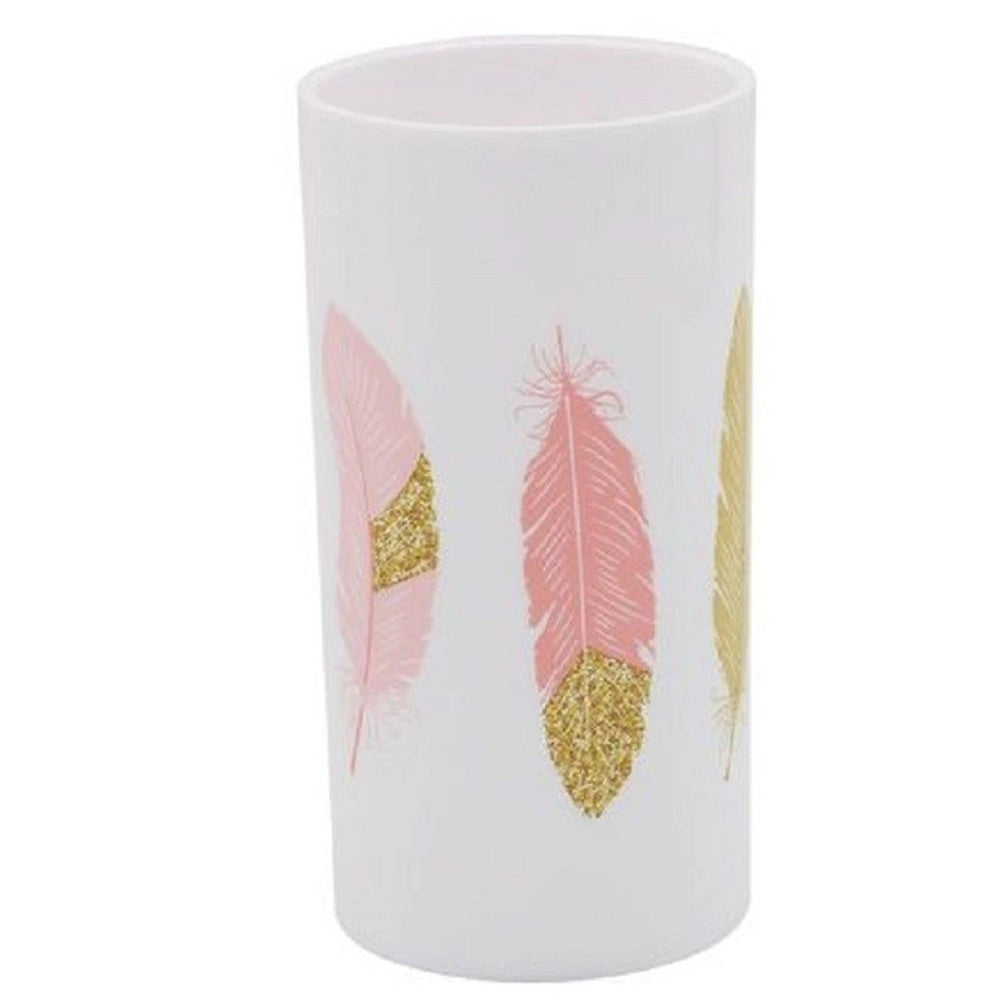 Trade Shop - Bicchiere Porta Spazzolino Con Piume Bianco In Plastica Accessorio Bagno 69799 -