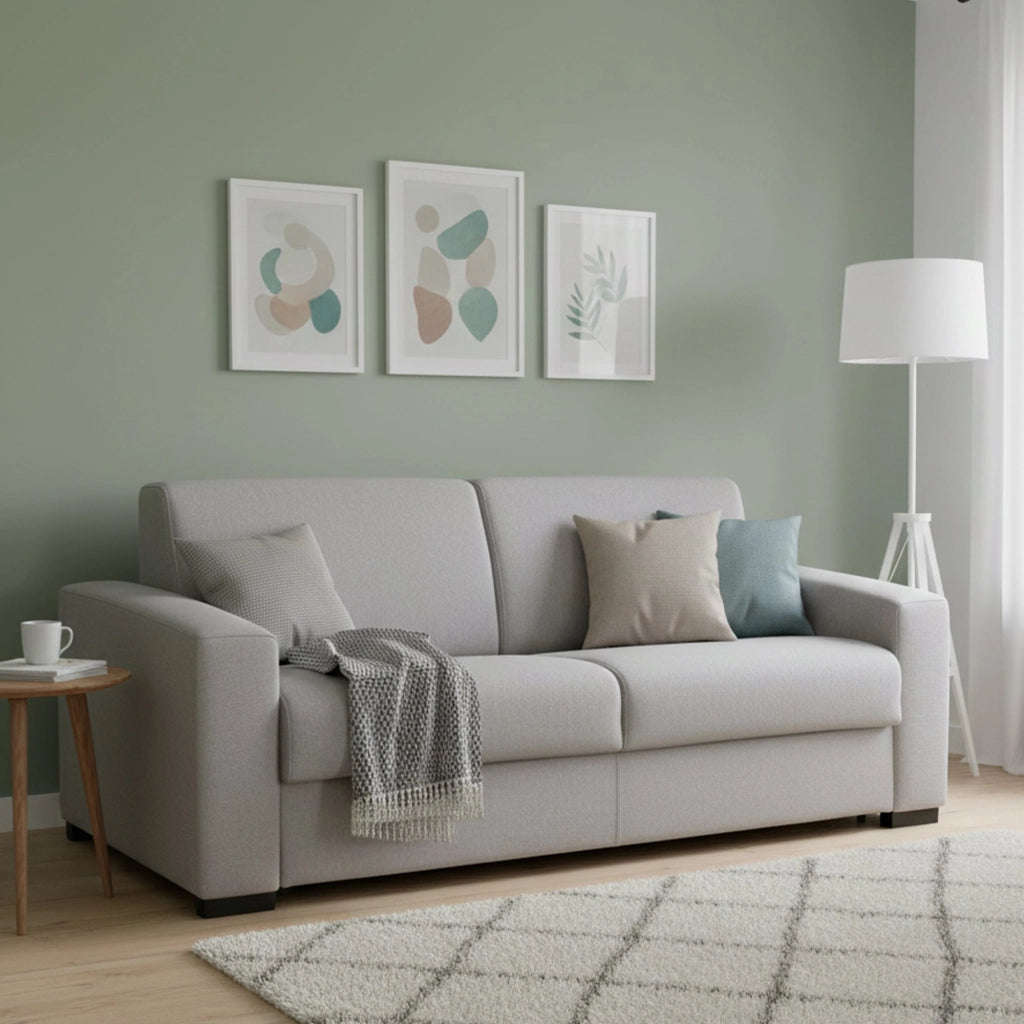 Divano Letto Asimi, Divano a 2 posti, Made in Italy, SofÒ  Soggiorno con apertura girevole, in tessuto imbottito, con Braccioli standard, cm 180x95h90, Grigio