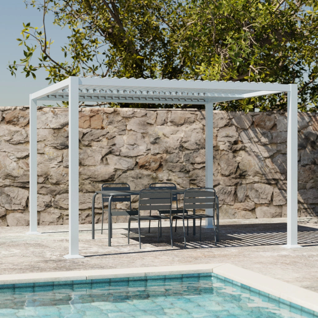 Pergola bioclimatica 3x3m in alluminio e acciaio, lamelle orientabili,