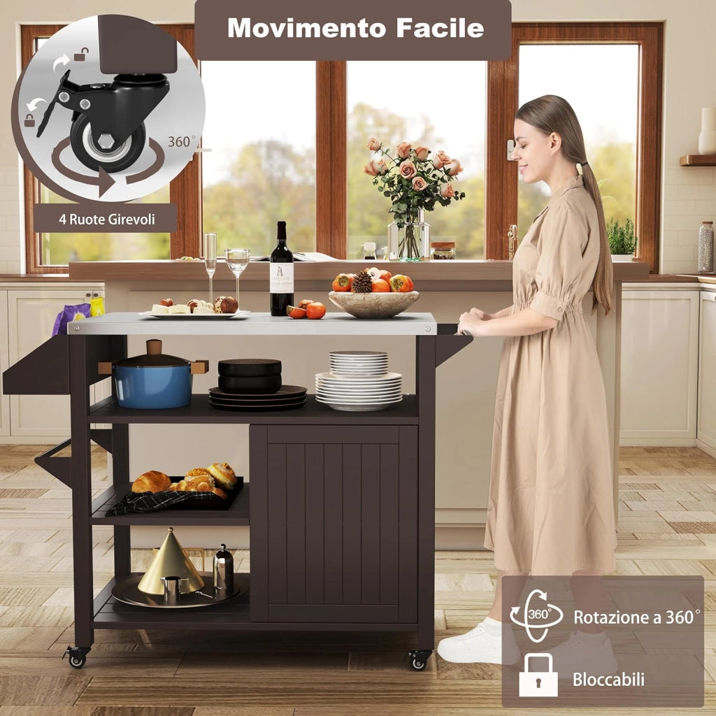 Carrello per Grill da Esterno, Carrello in Metallo con Armadietto, Ruote Bloccabili Universali, Ripiani e Piano in Acciaio Inox, Isola da Cucina per Barbecue, Festa e Campeggio