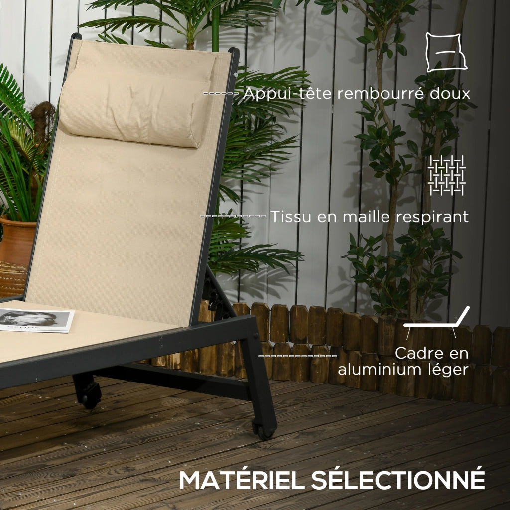 Lettino da giardino in alluminio e Textilene con rotelle e poggiatesta ¨C zephmum ¨C kaki