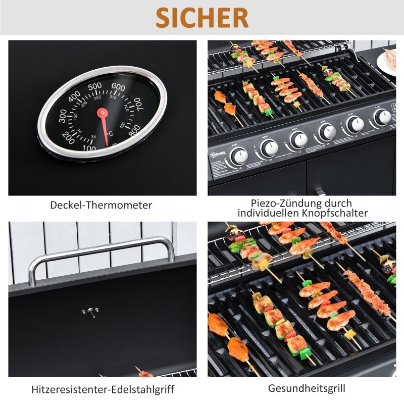 Griglia a gas con 7 bruciatori, termometro incluso, barbecue, griglia portatile, nera